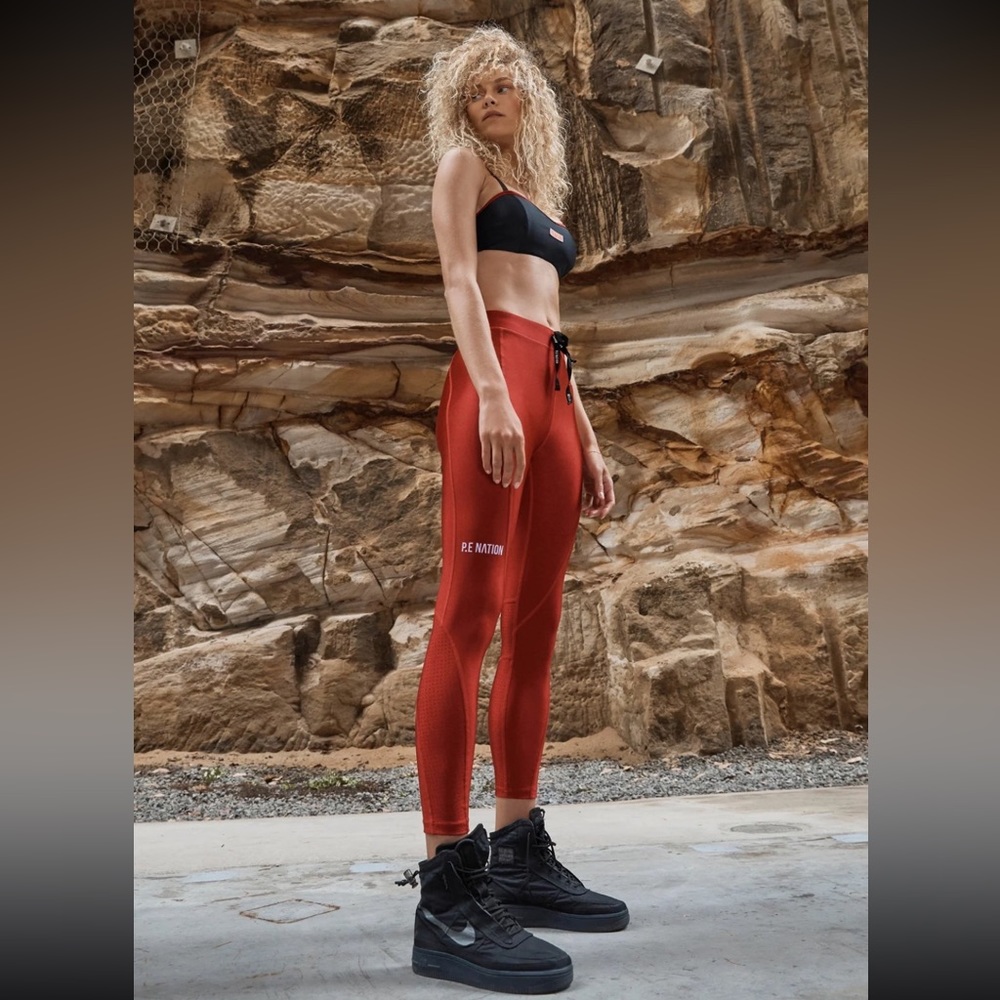 P.E Nation Red High-Rise Leggings with Black Drawcord